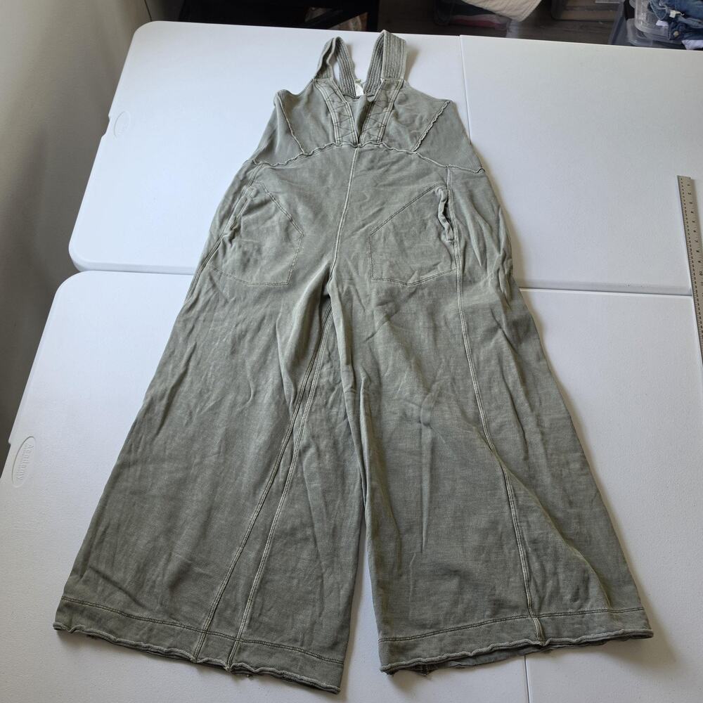 Daily Practice Jumpsuit Womens Large Green 100% Cotton V Neck Wide Leg Casual